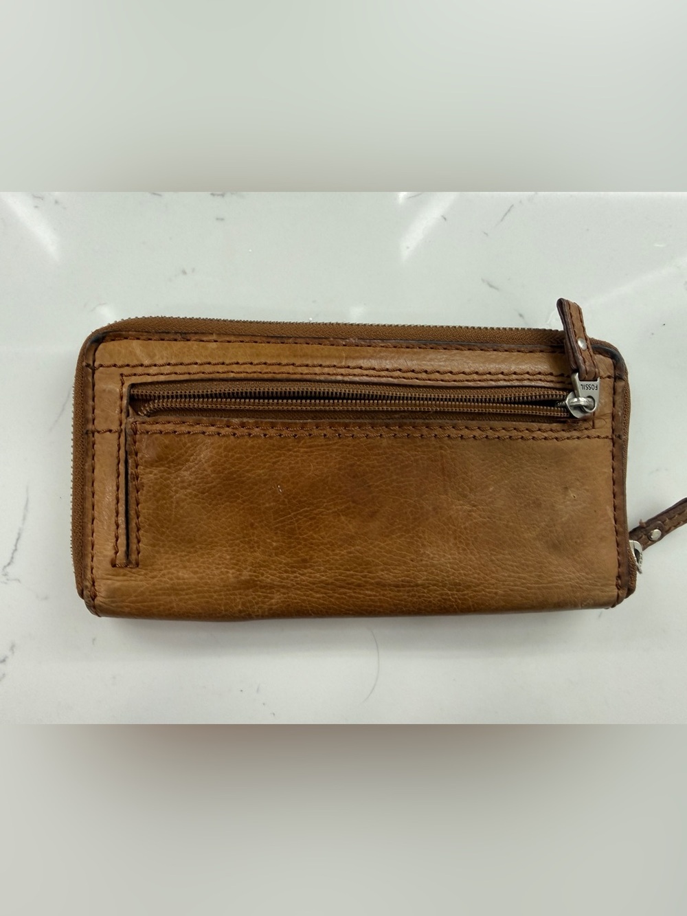 Vintage Fossil Leather Zip Around Wallet Brown Tan Key Print Lining - Picture 7 of 16